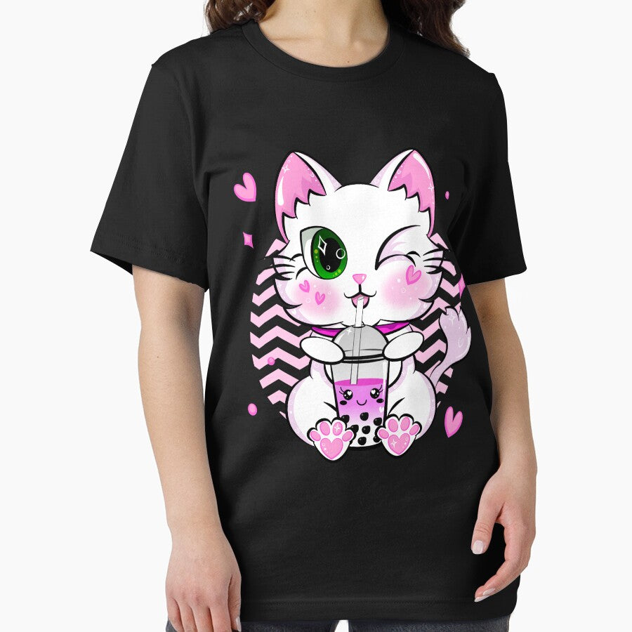 Kawaii Boba Tea Cat Bubble Retro Style Anime Strawberry by ZNOVANNA