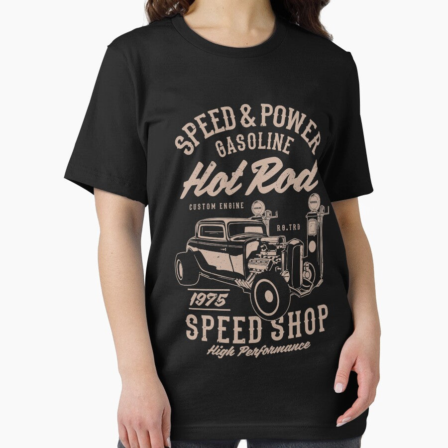 Speed And Power Gasoline Hot Rod Shop Shirt Vintage Illustration T-Shirt Great Gift for Cars Fan Unisex Short-Sleeve Jersey Tee by Panda Branda