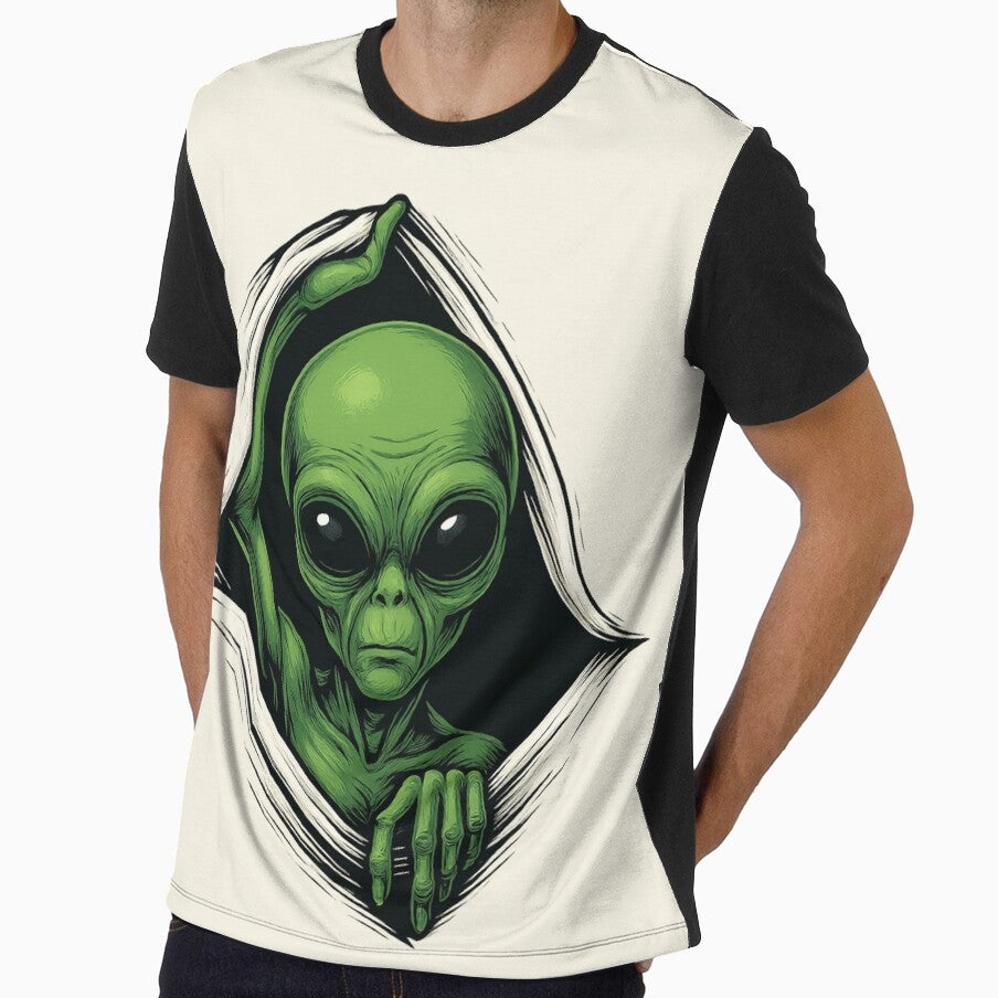 Green Alien Peeking Through Space – Creepy Sci-Fi Artwork by DamianRoy88