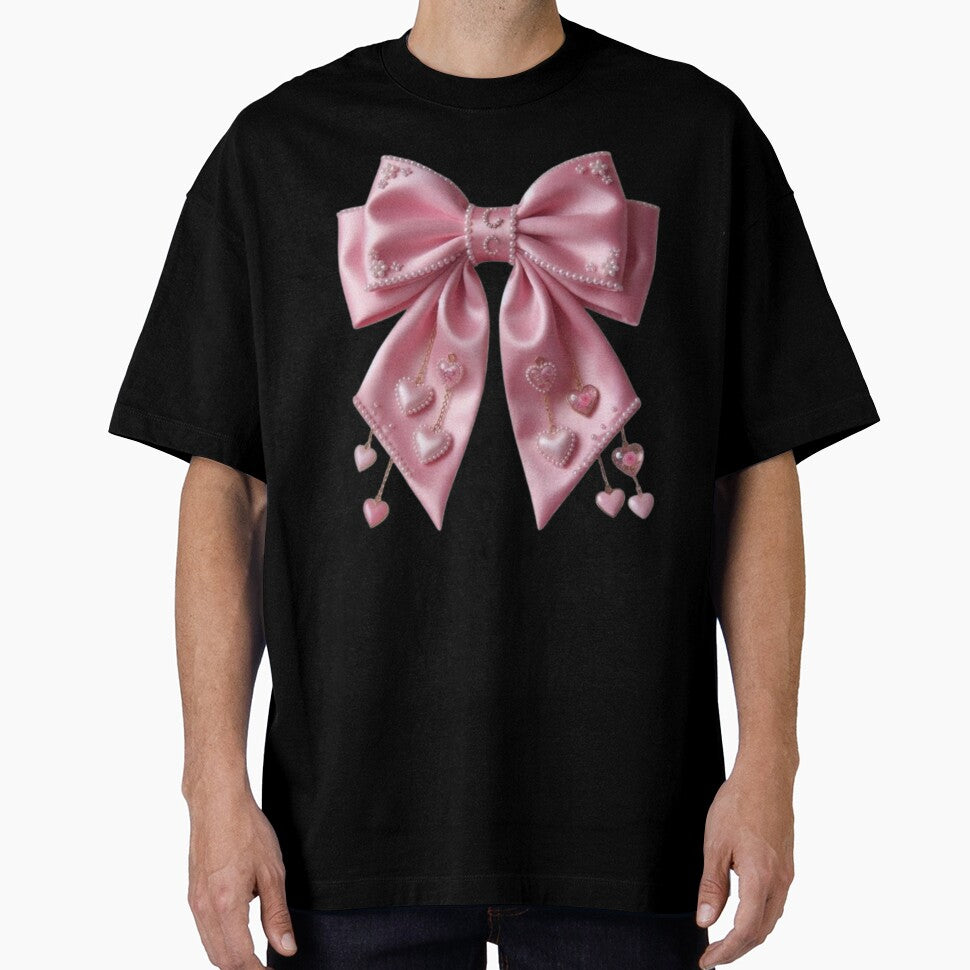 Large elegant pink satin coquette bow with tiny pearls and dangling hearts, soft girl aesthetic by polo-designs