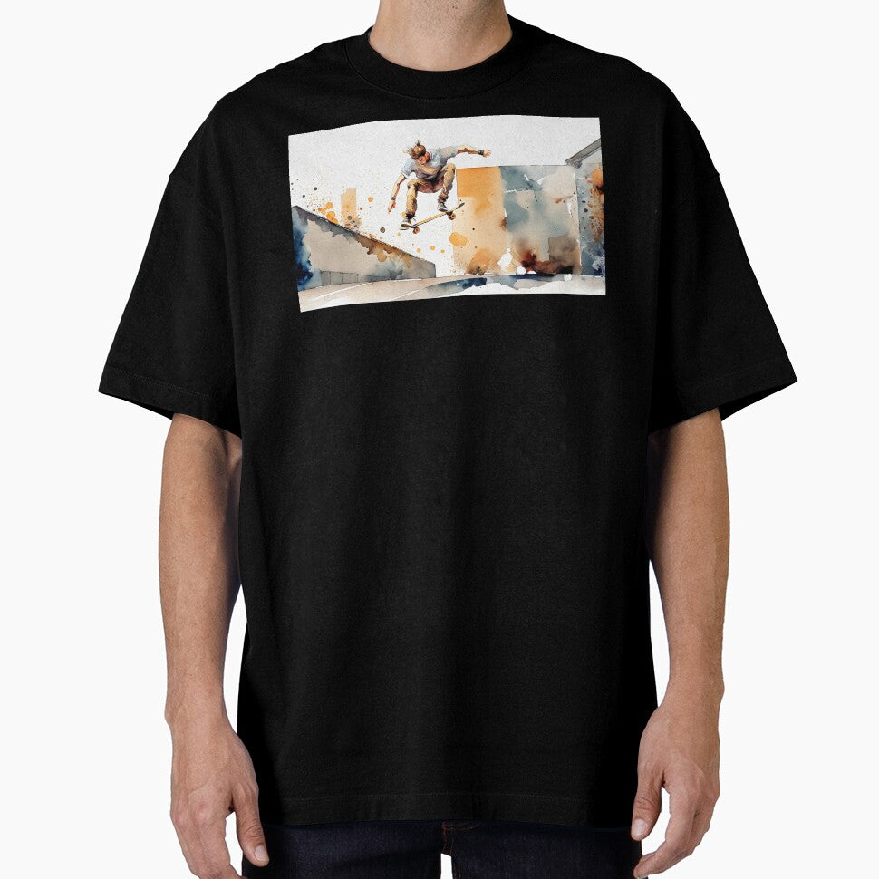 Skater mid-air against a vibrant cityscape, depicted in dynamic watercolor strokes by homydesign