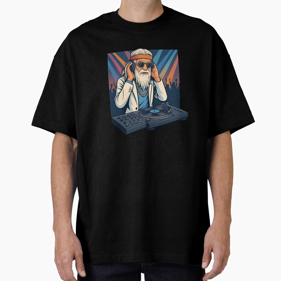Elderly White Hippie DJ – Retro Vinyl Music Party Design by Lunaria Arts