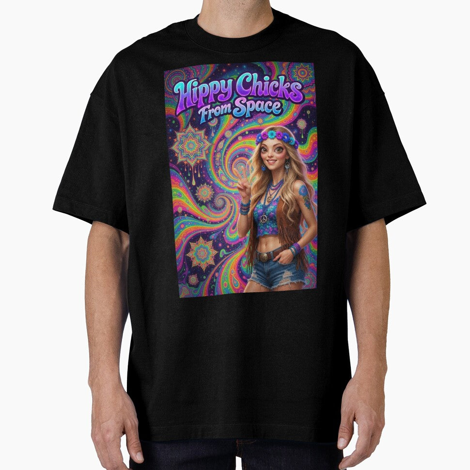 Hippy Chicks From Space - Psychedelic Space Hippie Girl with Peace Sign by David Brookes Digital