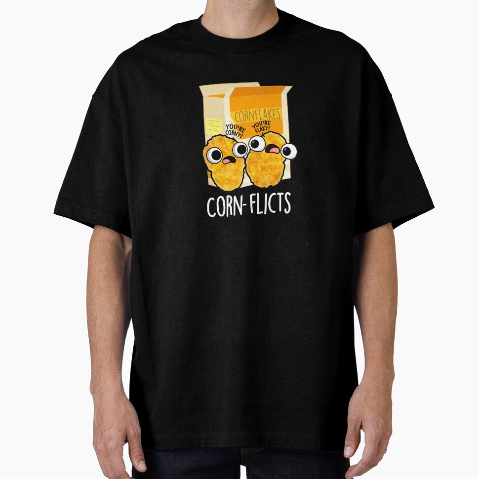 Corn-flicts Funny Corn Flakes Pun (Dark BG) by punnybone