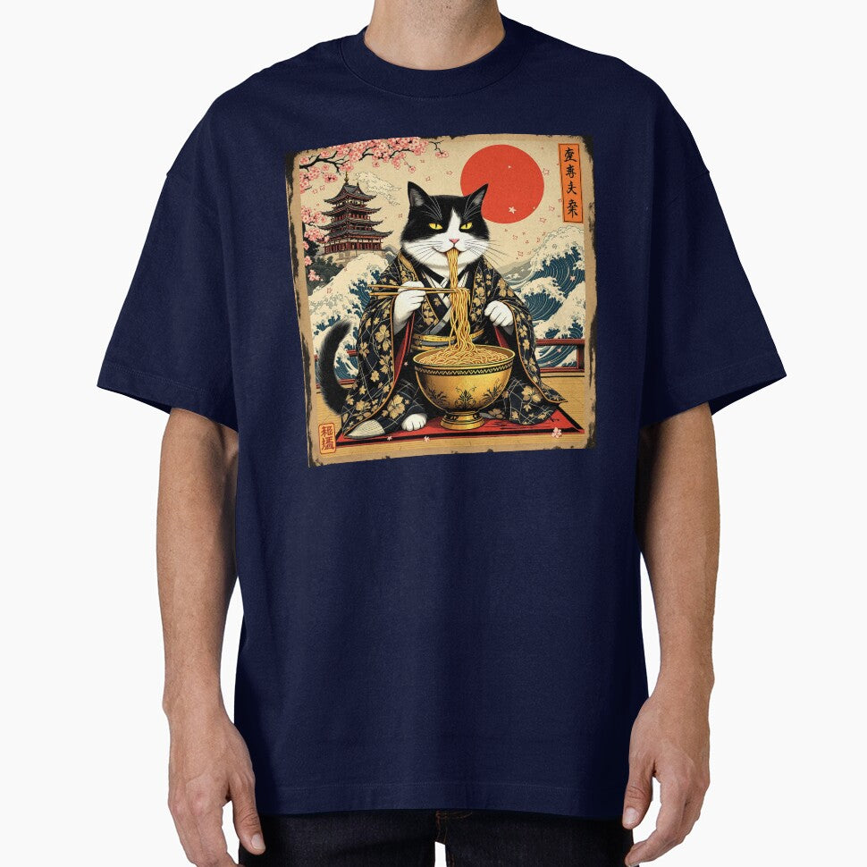 Samurai Cat with Golden Ramen Bowl | Vintage Japanese Ukiyo-e Style Illustration by KaryaVisionSTR