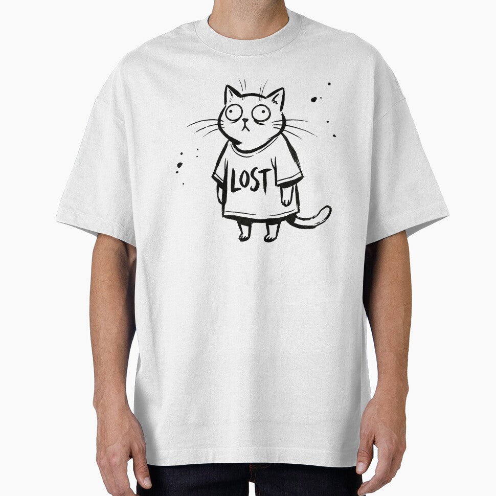 Black Ink Cartoon Cat Standing Upright Wearing Oversized Shirt with Bold Text LOST Vintage Style by RTdigitalShop