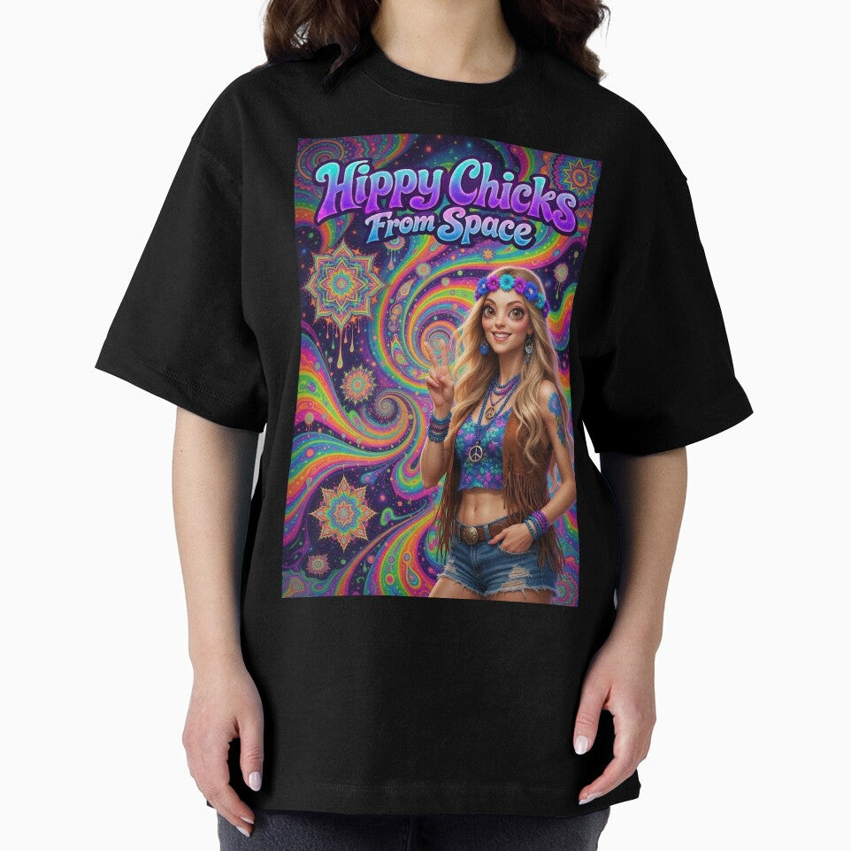 Hippy Chicks From Space - Psychedelic Space Hippie Girl with Peace Sign by David Brookes Digital
