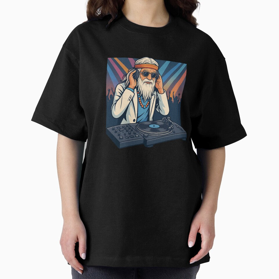 Elderly White Hippie DJ – Retro Vinyl Music Party Design by Lunaria Arts