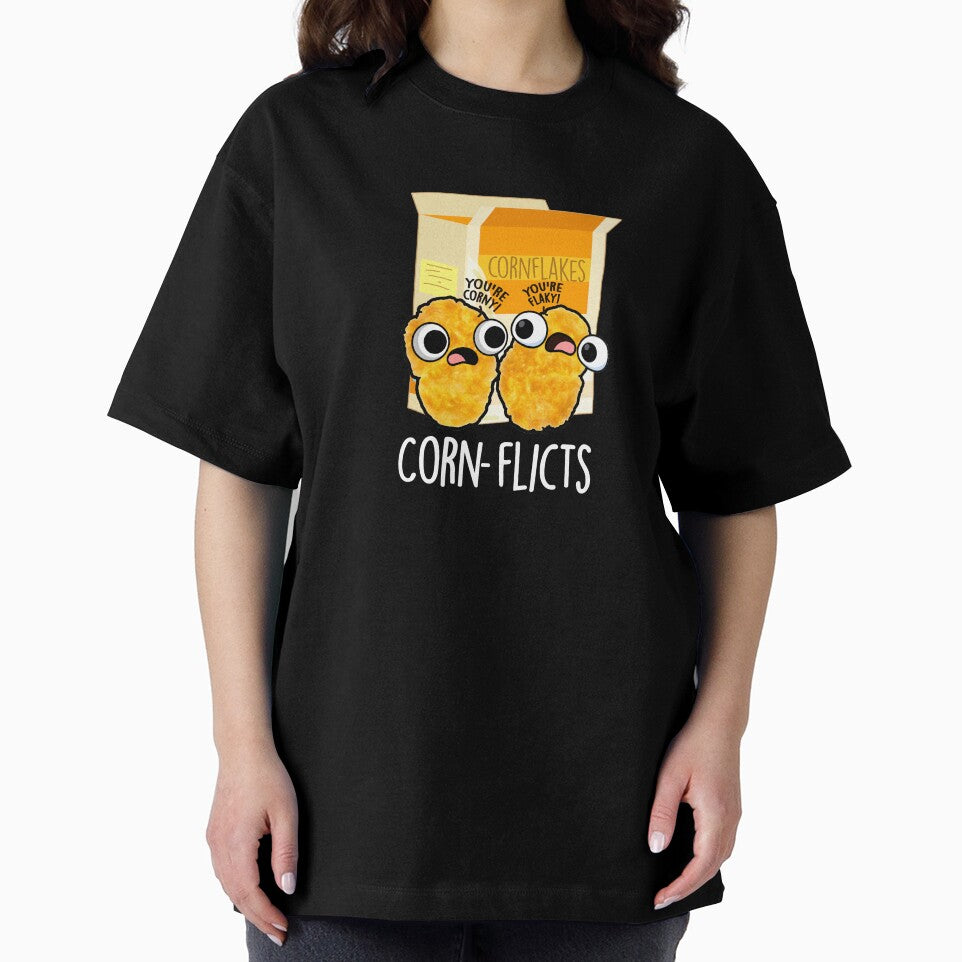 Corn-flicts Funny Corn Flakes Pun (Dark BG) by punnybone