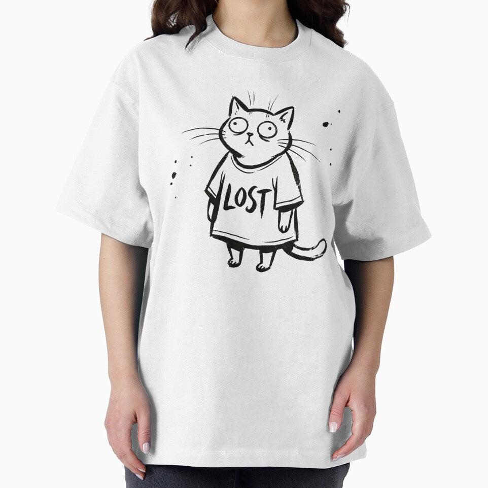 Black Ink Cartoon Cat Standing Upright Wearing Oversized Shirt with Bold Text LOST Vintage Style by RTdigitalShop