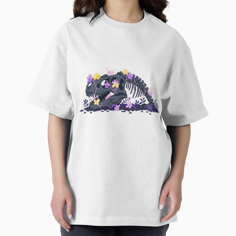 Pixel Dinosaur Skeleton with Blue Flowers | Floral Retro Pixel Art by PunkVerseStudio