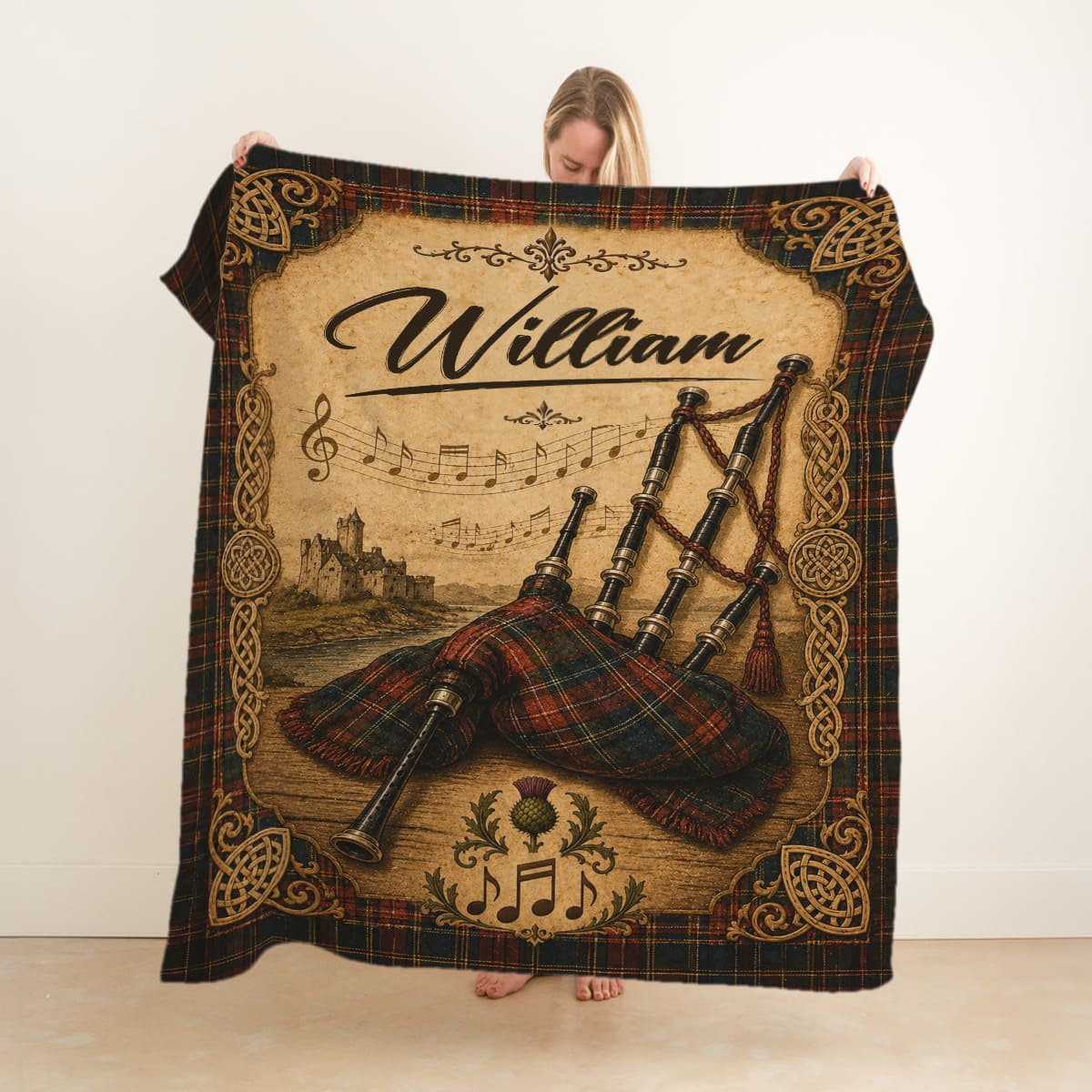 Personalized Bagpipe Blanket, Custom Name Bagpiper Gift, Scottish Bagpipes Blanket, Scotland Music Lover Gift, Celtic Highland Decor