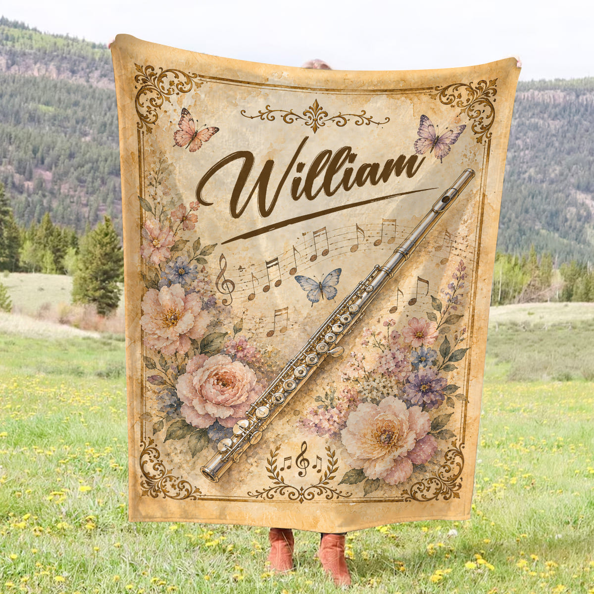 Personalized Flute Blanket, Custom Name Flute Player Gift, Floral Butterfly Vintage Music Decor, Flutist Cozy Sherpa Fleece Throw Blanket