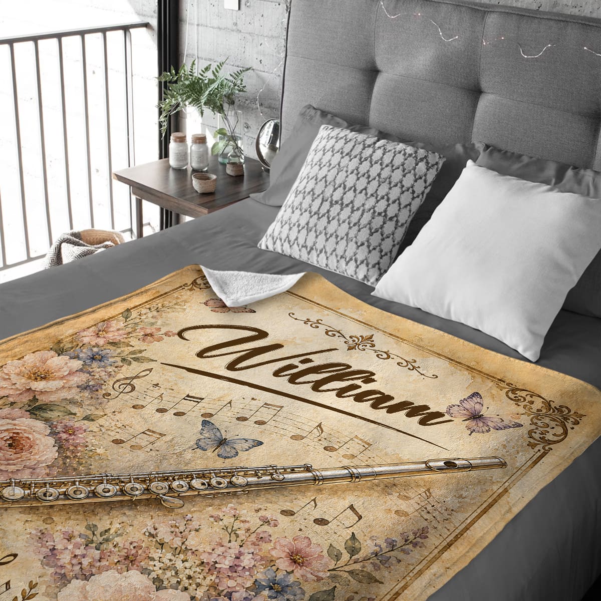 Personalized Flute Blanket, Custom Name Flute Player Gift, Floral Butterfly Vintage Music Decor, Flutist Cozy Sherpa Fleece Throw Blanket