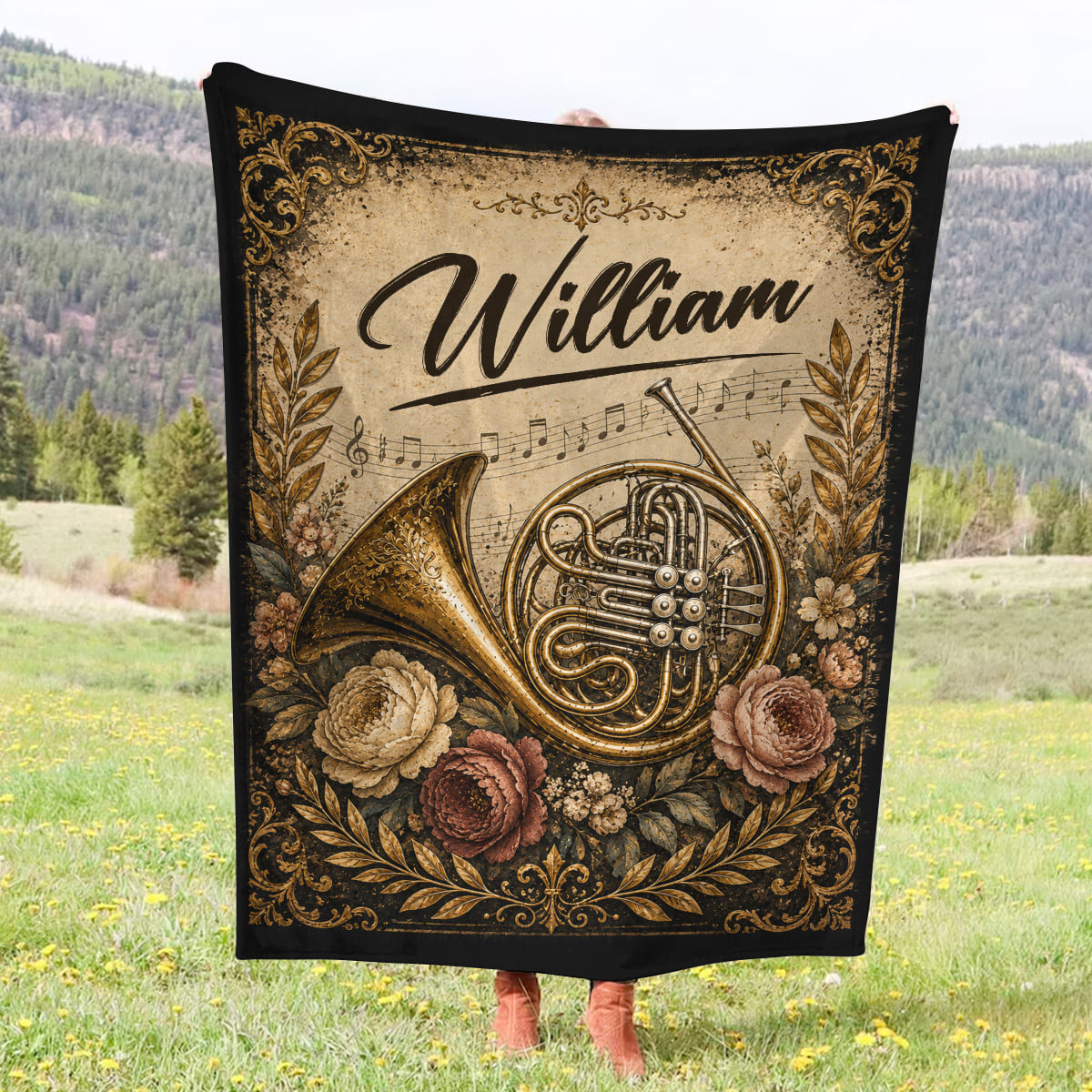 Personalized French Horn Blanket, Custom Name French Horn Player Gift, Musician Throw Blanket, Orchestra Music Lover Gift, Vintage Floral Decor