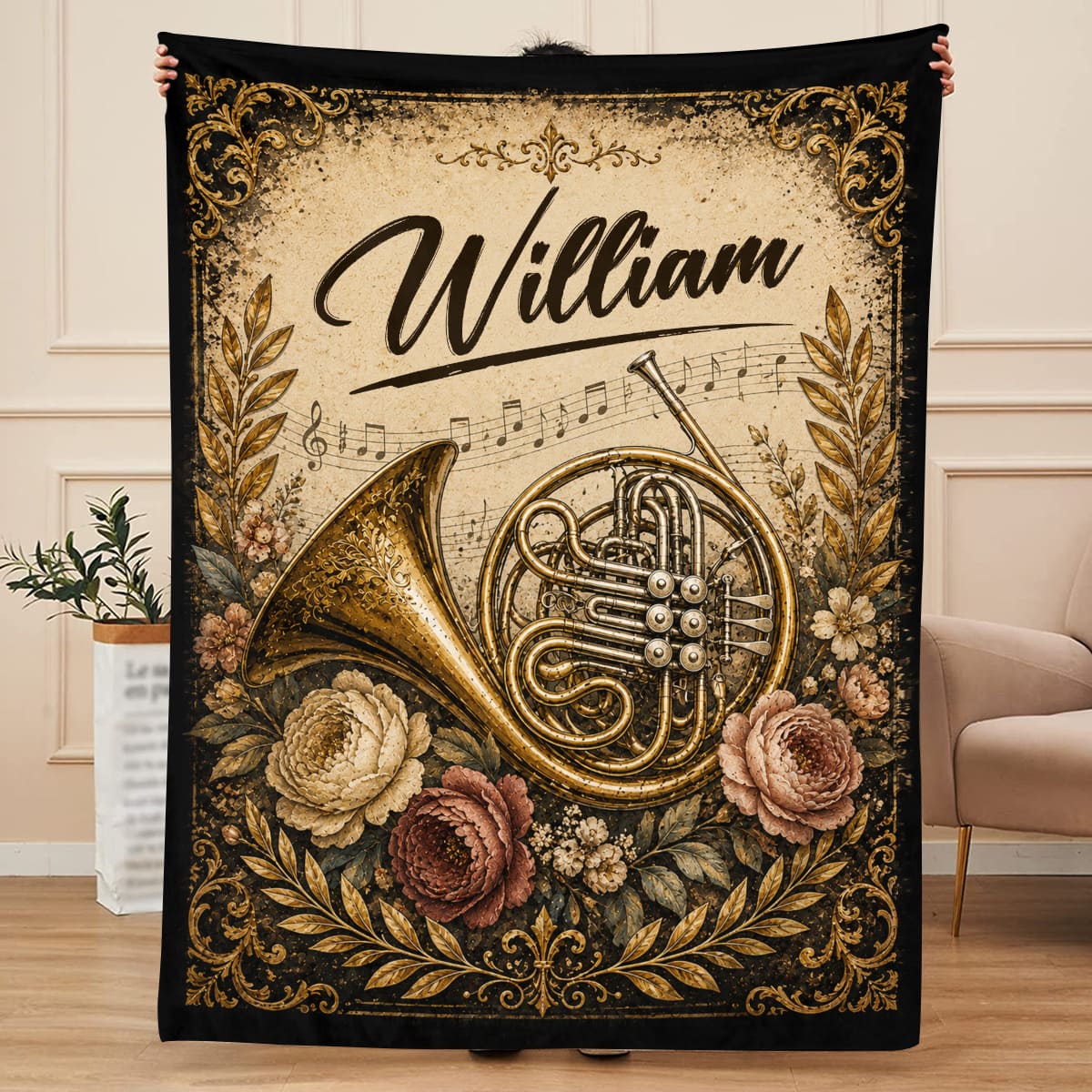 Personalized French Horn Blanket, Custom Name French Horn Player Gift, Musician Throw Blanket, Orchestra Music Lover Gift, Vintage Floral Decor
