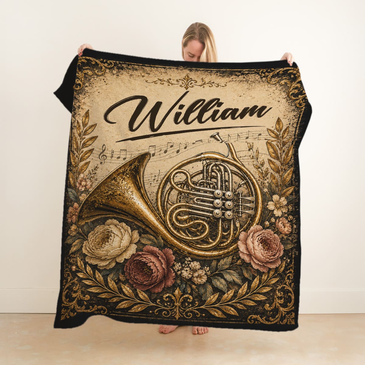 Personalized French Horn Blanket, Custom Name French Horn Player Gift, Musician Throw Blanket, Orchestra Music Lover Gift, Vintage Floral Decor