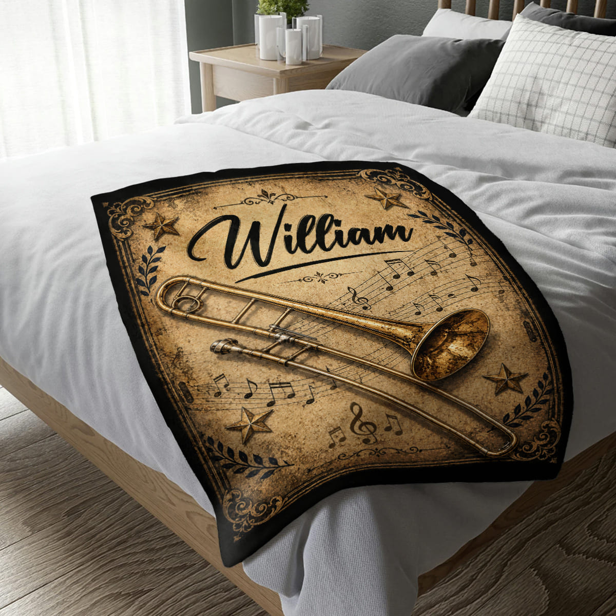 Personalized Flute Blanket, Custom Name Flute Player Gift, Floral Butterfly Vintage Music Decor, Flutist Cozy Sherpa Fleece Throw Blanket