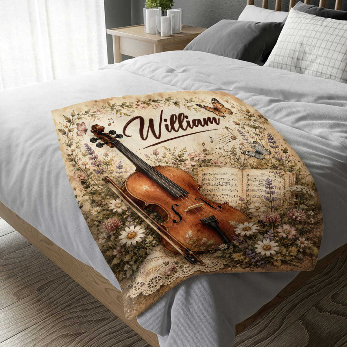 Personalized Cello Blanket, Custom Name Cellist Gift, Cello Player Blanket, Cello Musician Gift, Vintage Floral Cello Throw, Cello Lover Gift