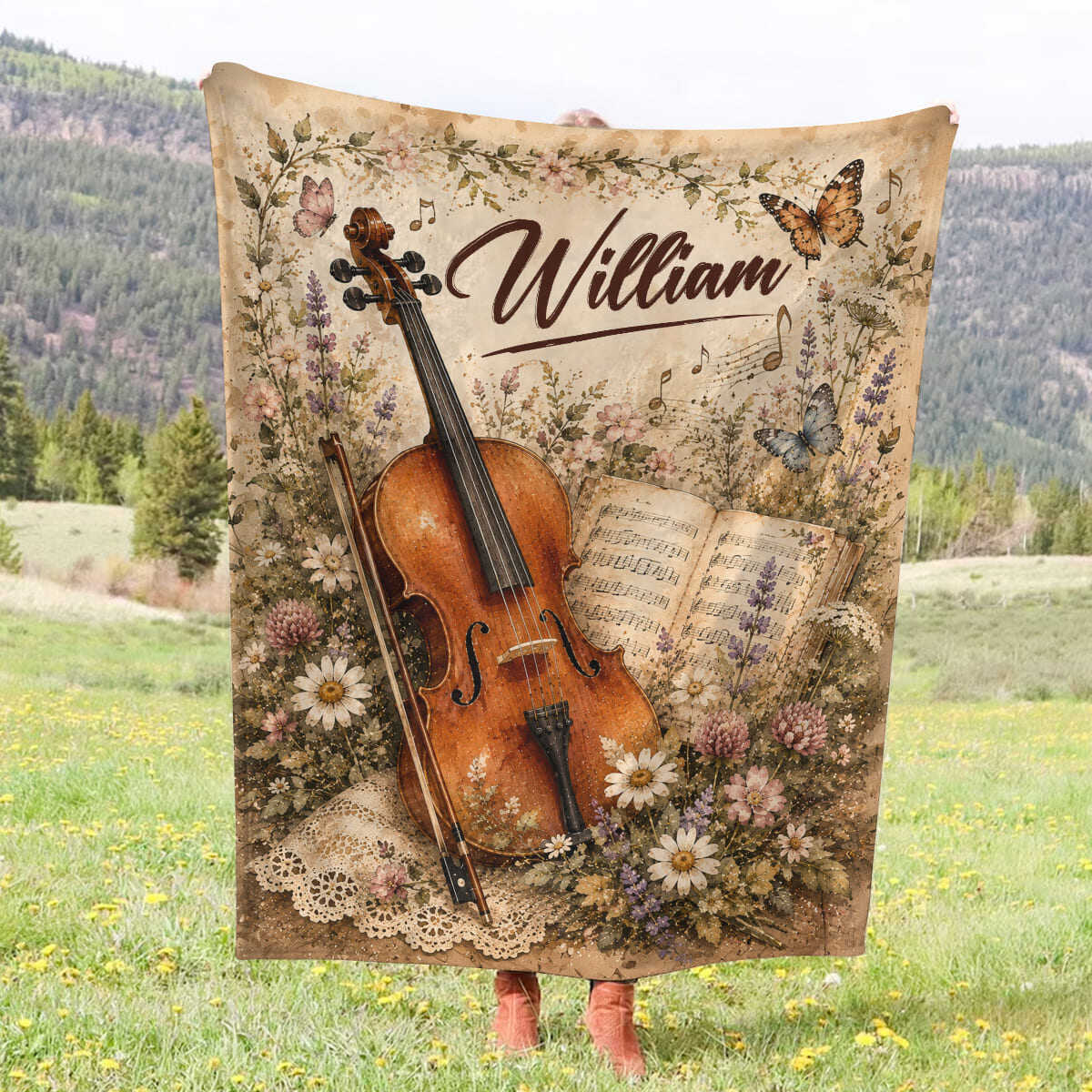 Personalized Cello Blanket, Custom Name Cellist Gift, Cello Player Blanket, Cello Musician Gift, Vintage Floral Cello Throw, Cello Lover Gift