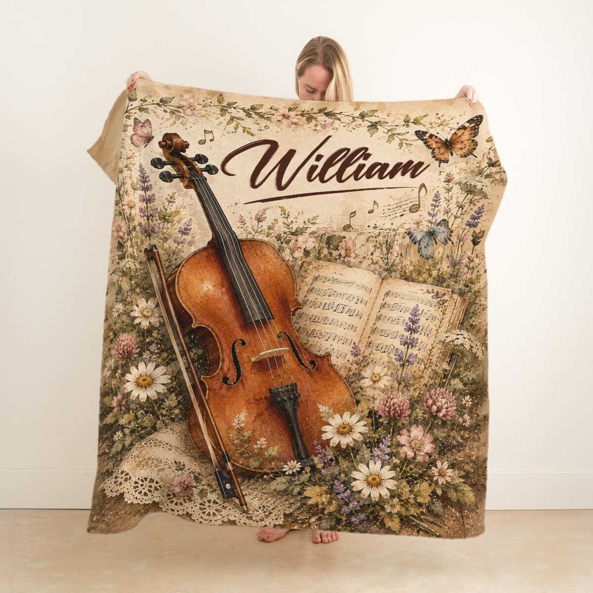 Personalized Cello Blanket, Custom Name Cellist Gift, Cello Player Blanket, Cello Musician Gift, Vintage Floral Cello Throw, Cello Lover Gift