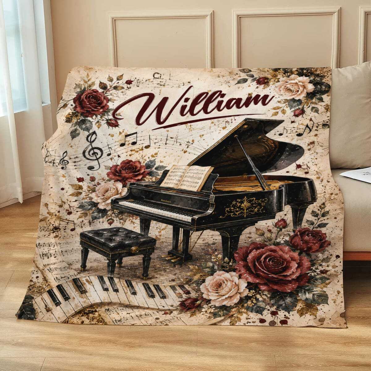 Personalized Piano Blanket, Custom Name Grand Piano Fleece Throw, Vintage Floral Sheet Music Blanket, Pianist Gift, Music Teacher Gift