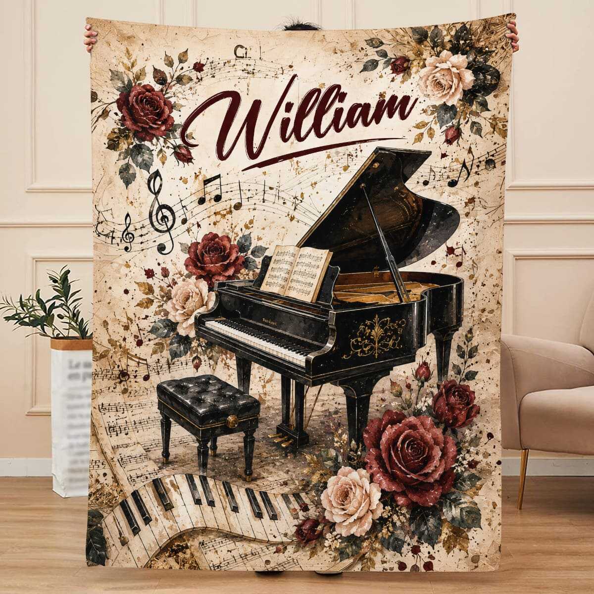 Personalized Piano Blanket, Custom Name Grand Piano Fleece Throw, Vintage Floral Sheet Music Blanket, Pianist Gift, Music Teacher Gift
