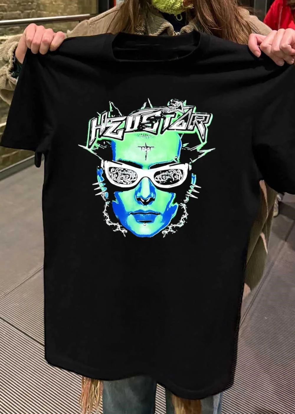 HZUSTAR Cyber Goth Punk Face Sunglasses Crucifix Green Blue Graphic Shirt