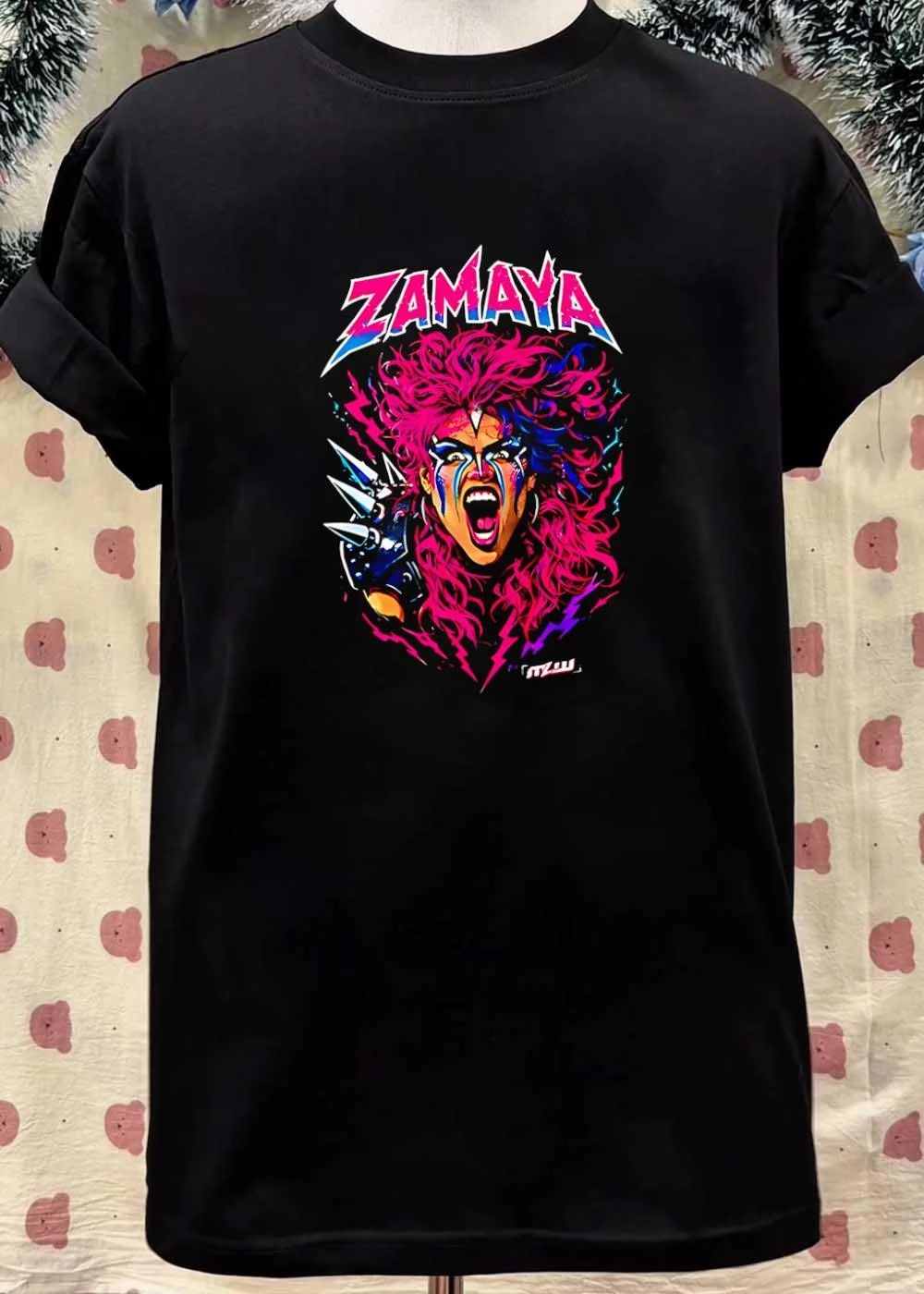 MLW Zamaya Warrior Screaming Pink Hair Spiked Shoulder Pad T-Shirt