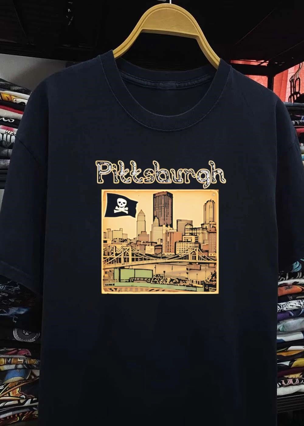 Pittsburgh Pirates Skyline with Jolly Roger Flag Graphic shirt