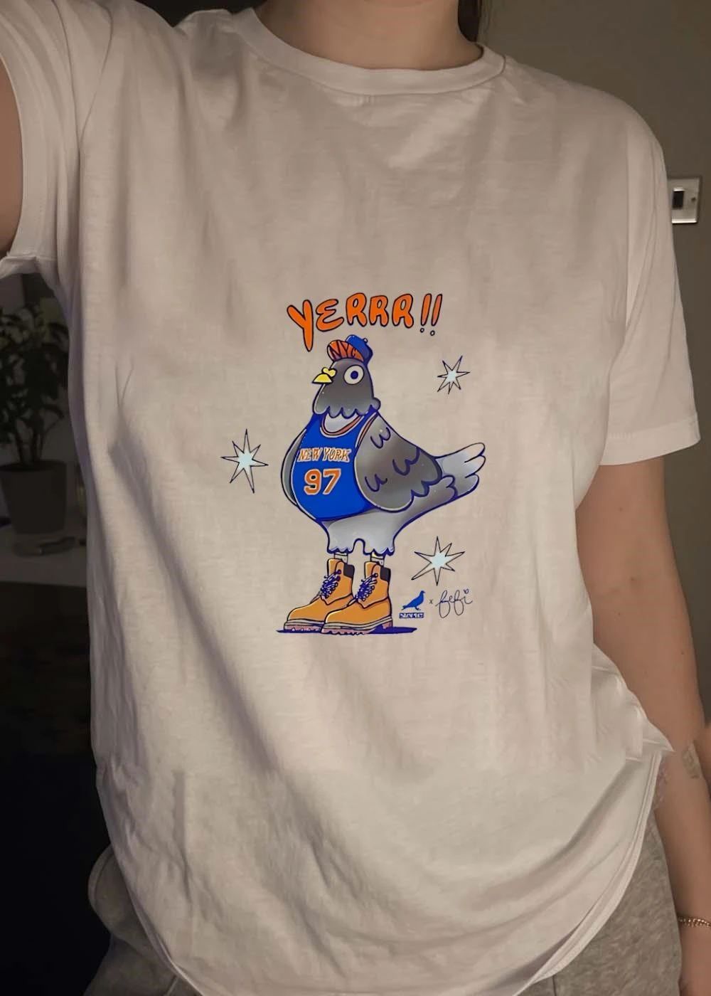 Pigeon x Fefi Pigeon Wearing New York Basketball Jersey and Timberland Boots Yerrr 97 T-Shirt