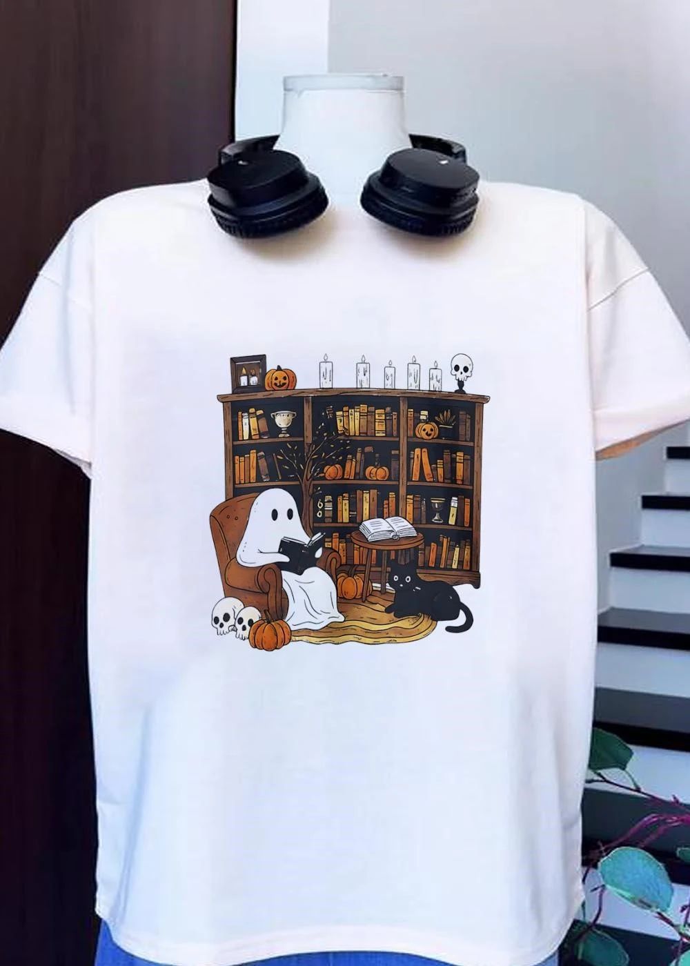 Halloween Ghost Reading Books with Black Cat and Pumpkins shirt