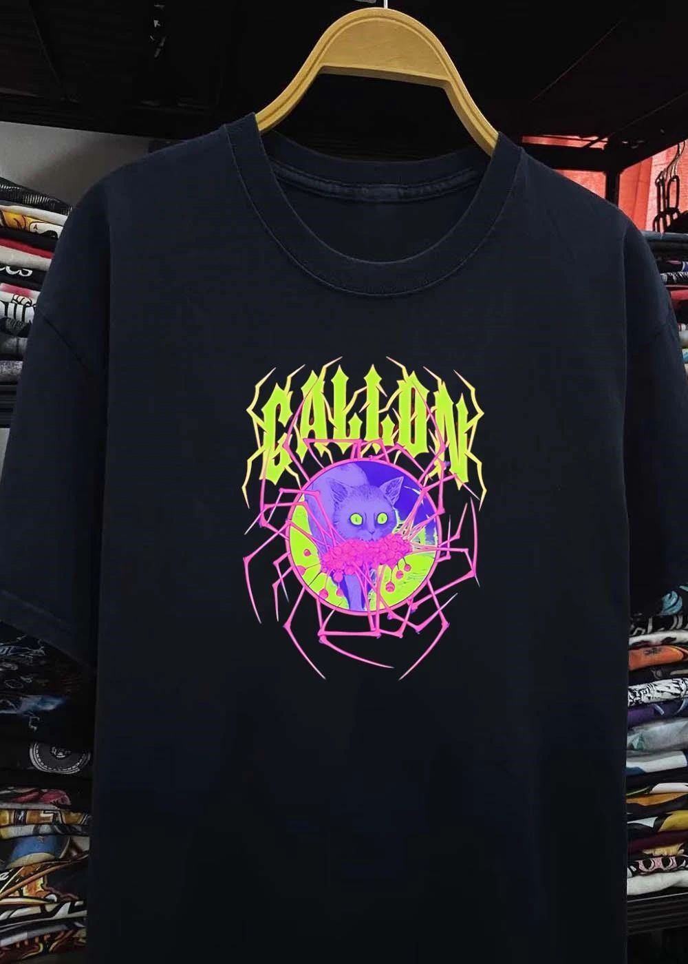 Cat with Flowers Gallon Spider Web Neon Graphic shirt