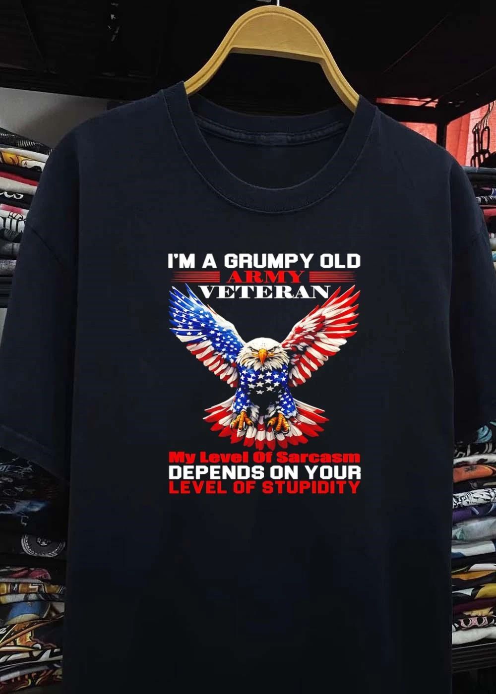 Grumpy Old Army Veteran Sarcasm Stupidity American Flag Eagle Shirt