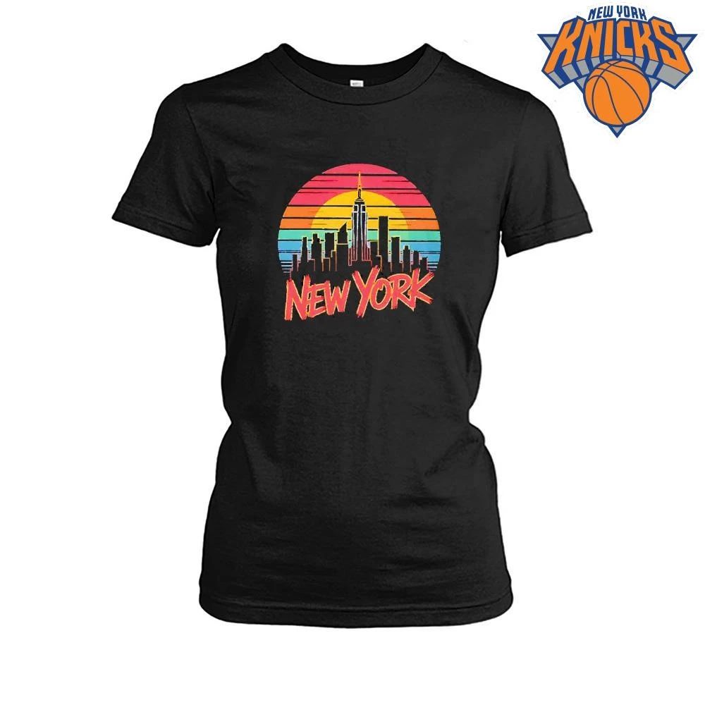 New York skyline city silhouette sunset retro color stripes lettering graphic T Shirt