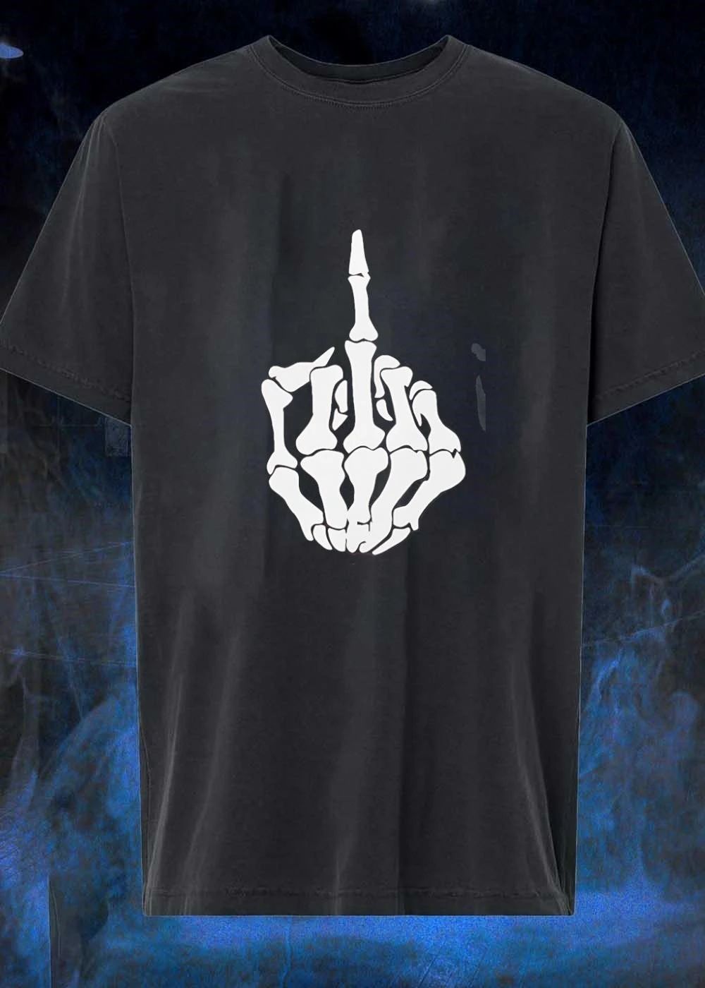 Skeleton Hand Rude Gesture Illustration White on Black T-Shirt