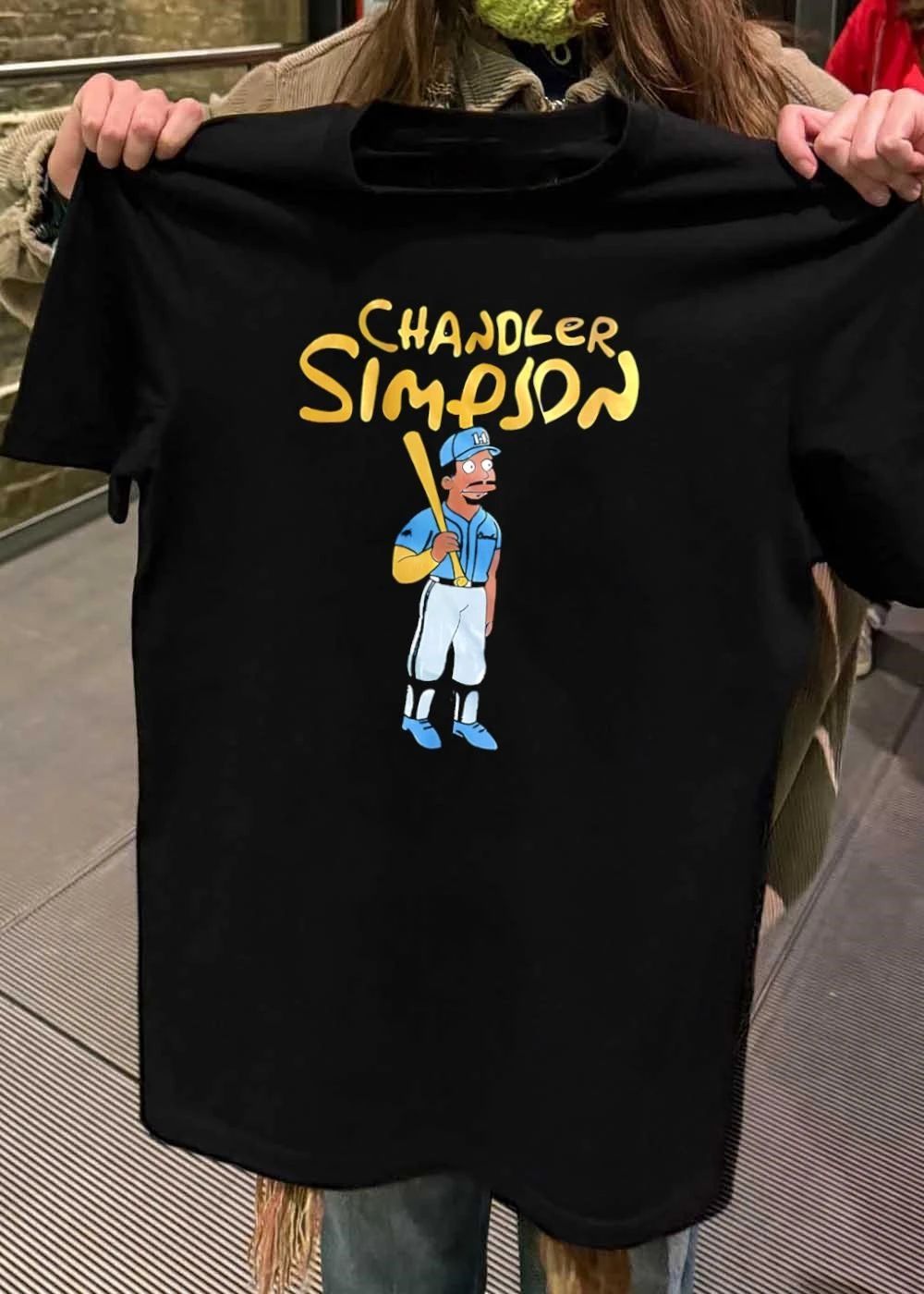 Players Chandler Simpson Baseball Portrait Gold Text Blue T-Shirt