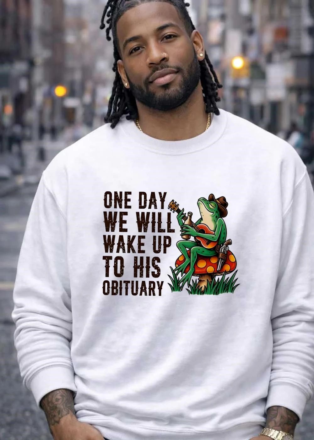 Funny Frog One Day We Will Wake up to His Obituary Cowboy Guitar T-Shirt