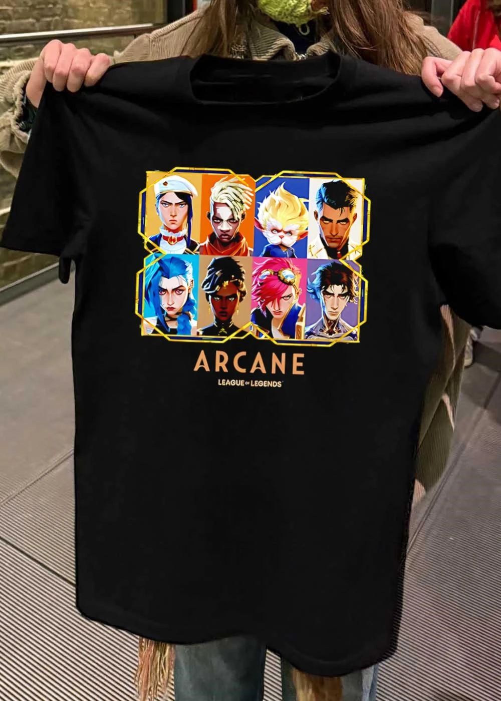 Arcane League of Legends Jinx Vi Piltover Zaun Hextech Characters Gold Frame 2026 Fan Gear Shirt