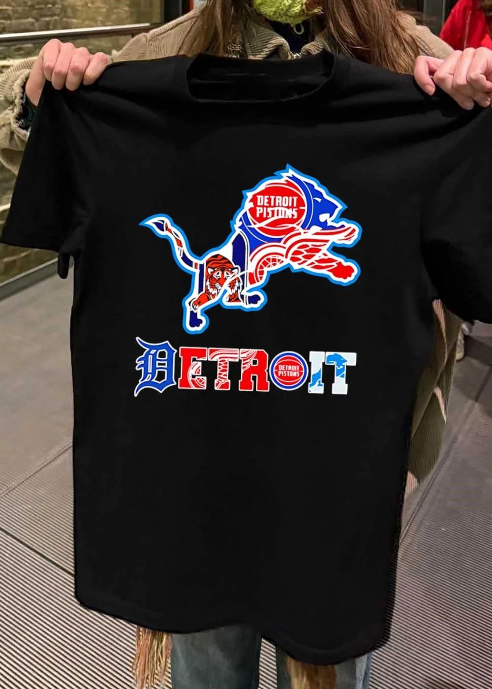 Detroit Sports Mashup Featuring Pistons Lions Tigers and Red Wings T-Shirt