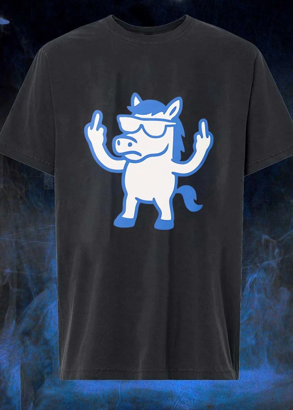 Edgy Horse Giving the Middle Finger Blue and White Graphic shirt