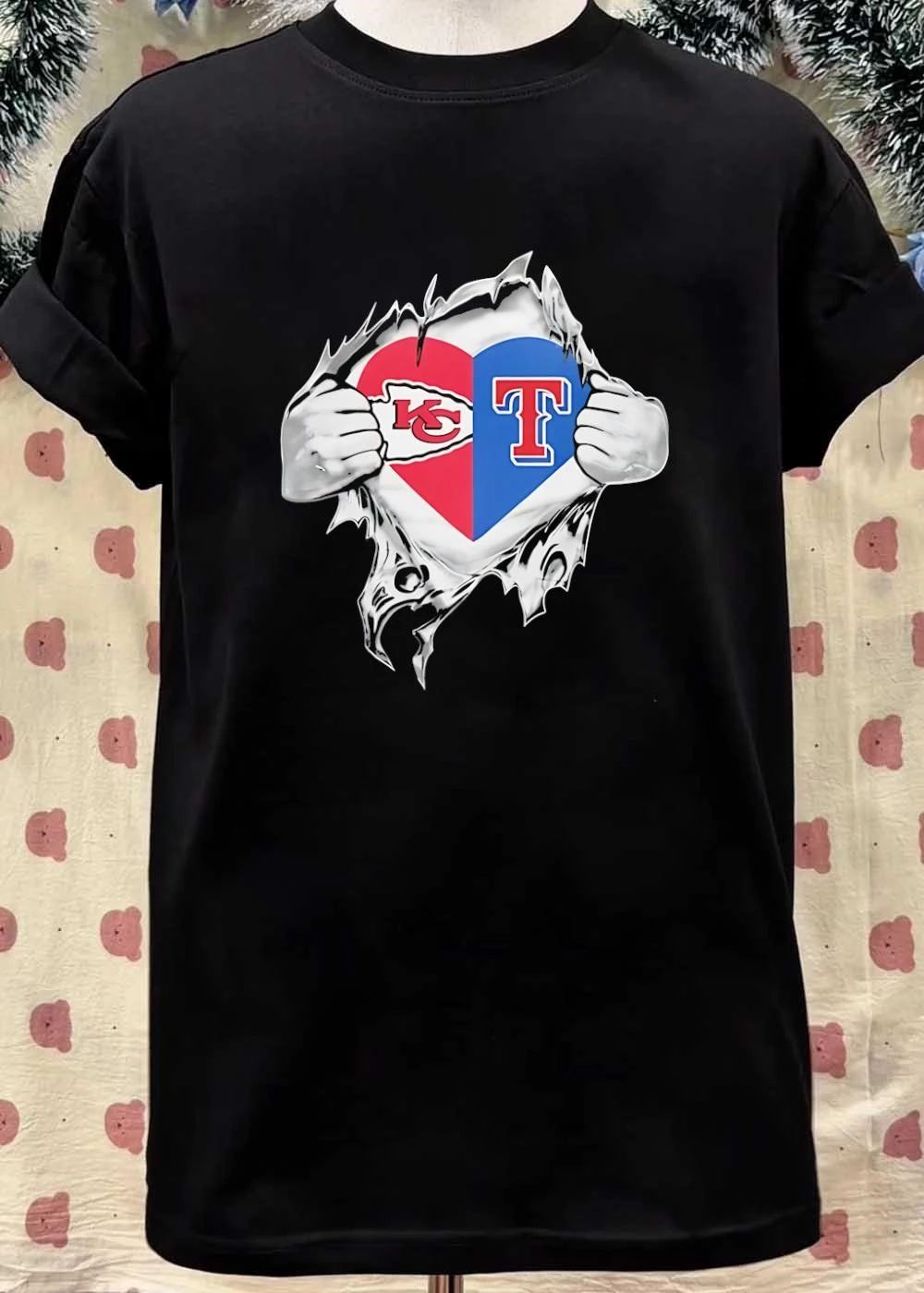 Fan Gear ‘ KC Chiefs Texas Rangers Rip Open Heart Shirt
