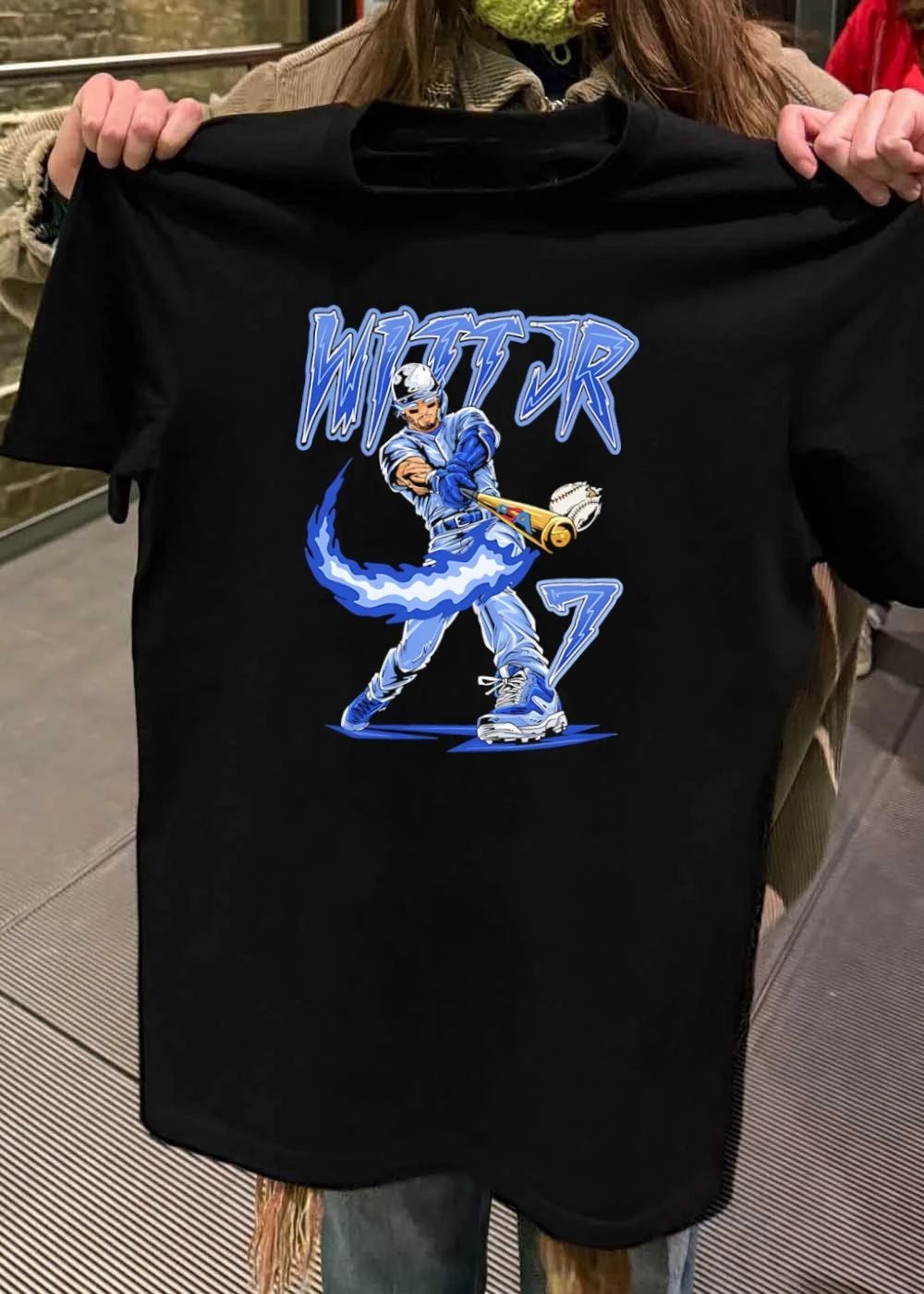 Witt Jr 7 baseball player with flaming bat shirt