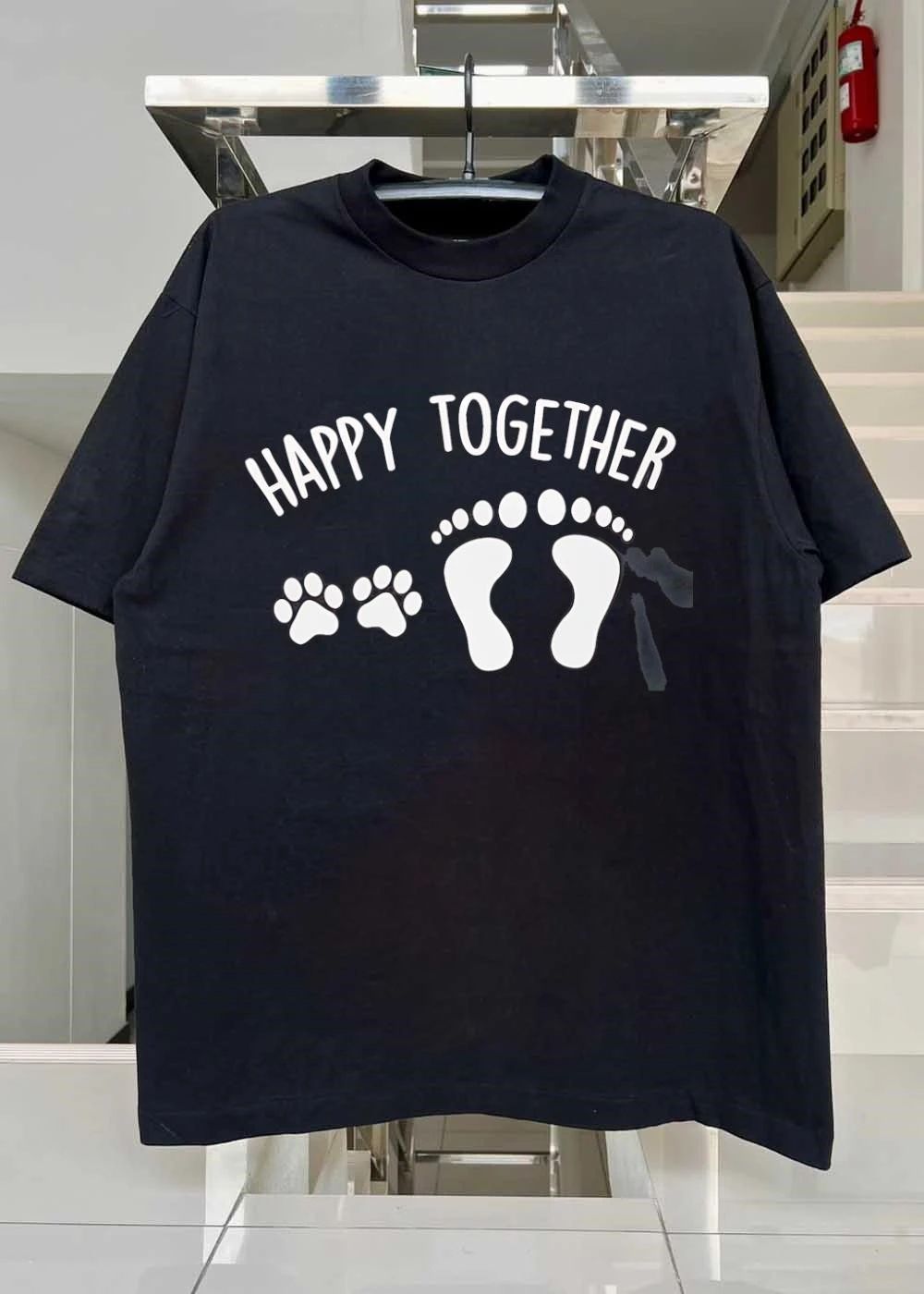 Family and Pets Happy Together Paw Prints and Baby Feet T-Shirt
