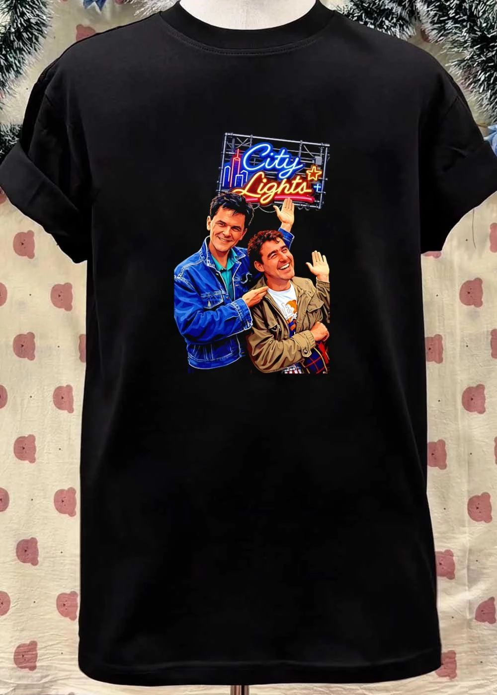 Two Men Smiling and Waving City Lights Shirt