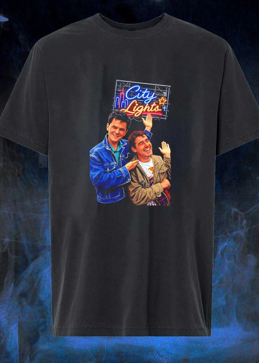Two Men Smiling and Waving City Lights Shirt