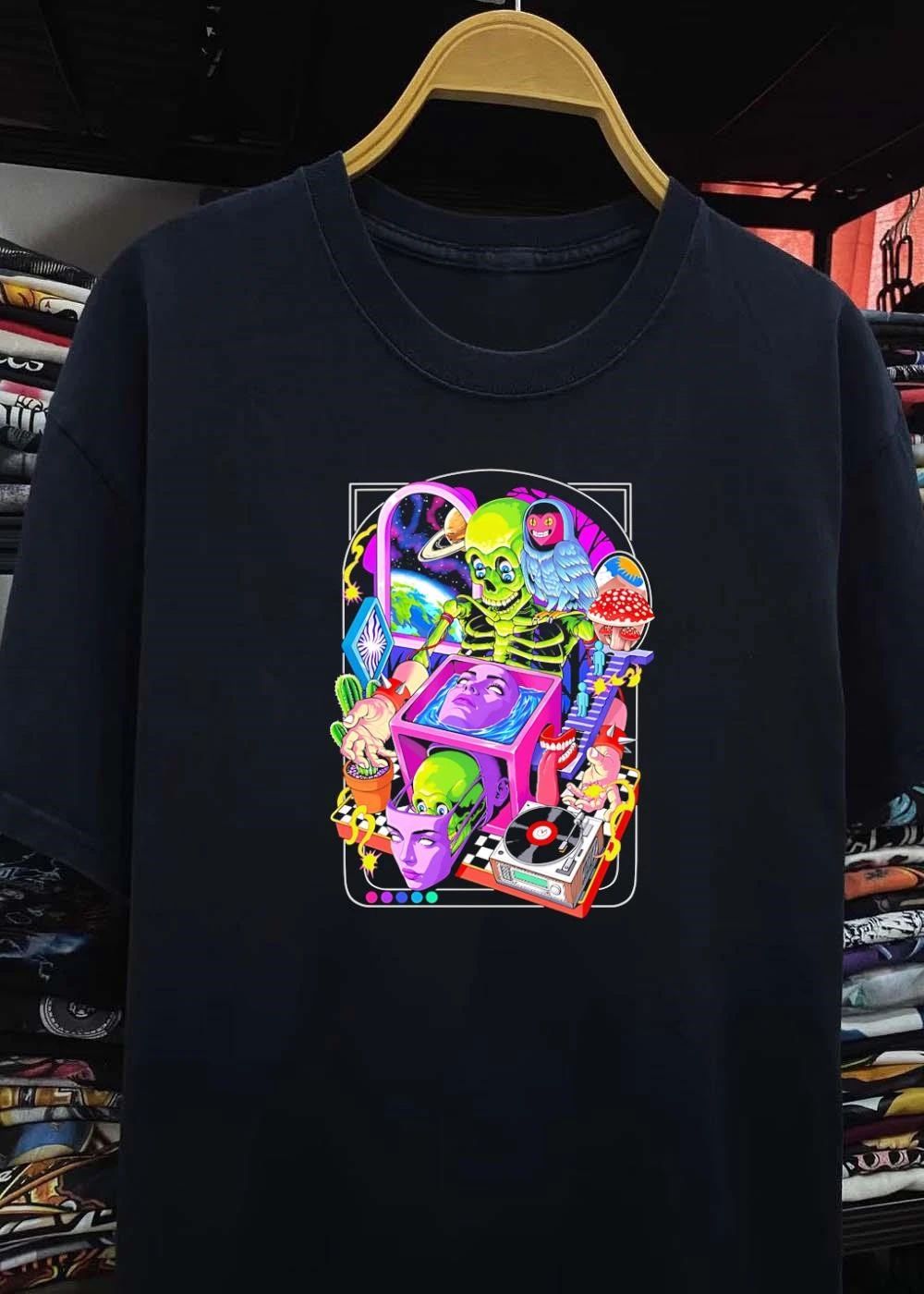 Green skeleton psychedelic owl surreal heads space earth trippy mushrooms record player shirt