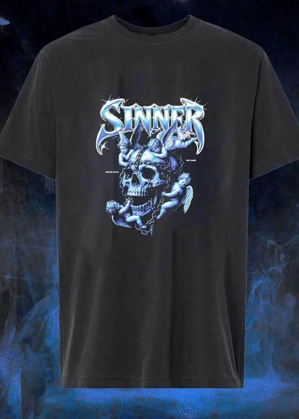 Sinner Chrome Lettering Skull and Angels shirt