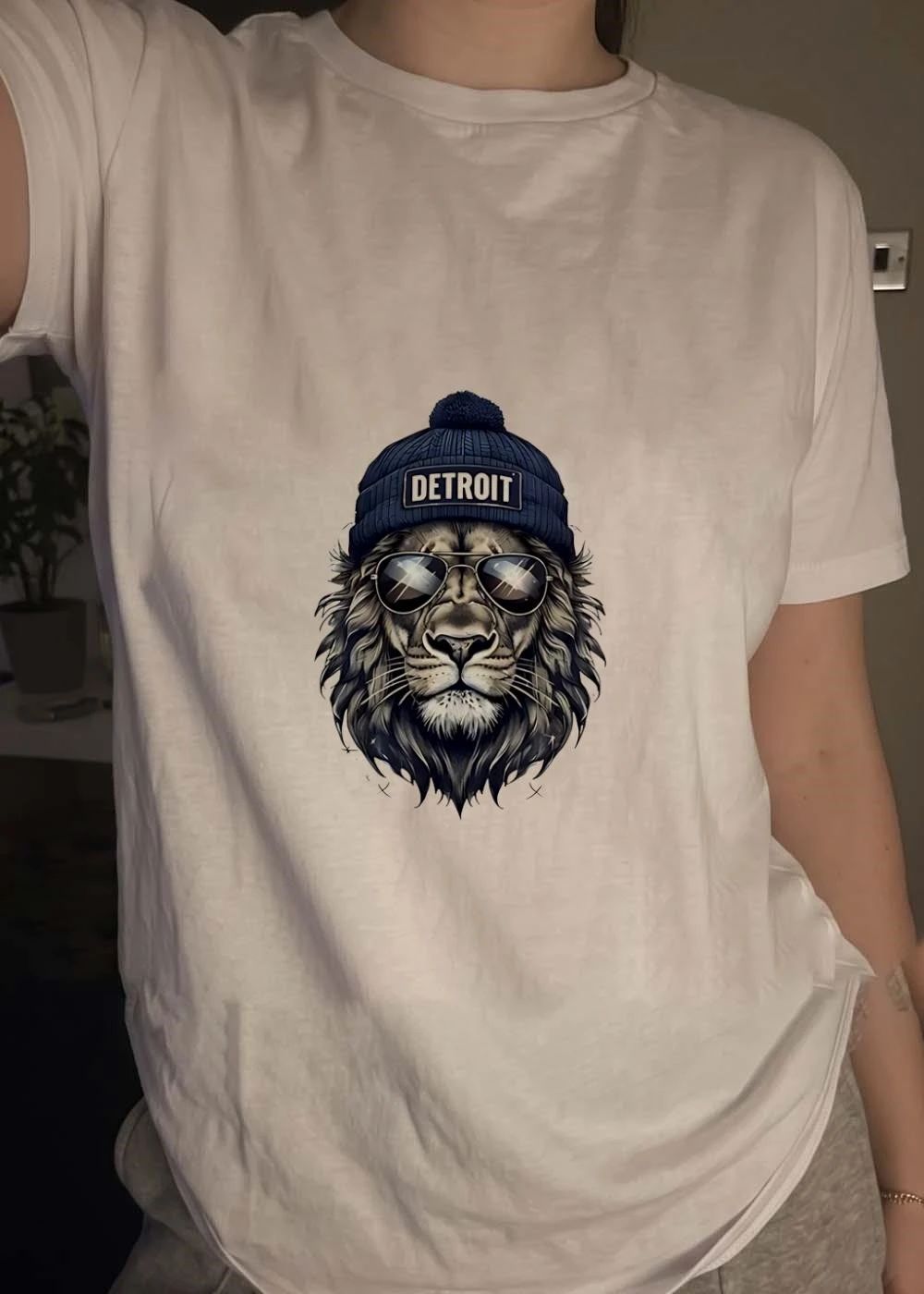 Detroit Lion Wearing Sunglasses with Pom Pom Hat Winter Style T-Shirt