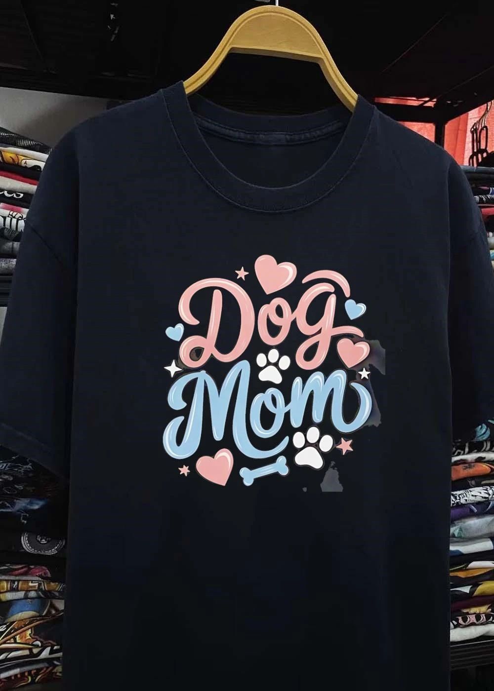 Dog Mom Cute Hearts Paw Prints Stars Bone Design T-Shirt